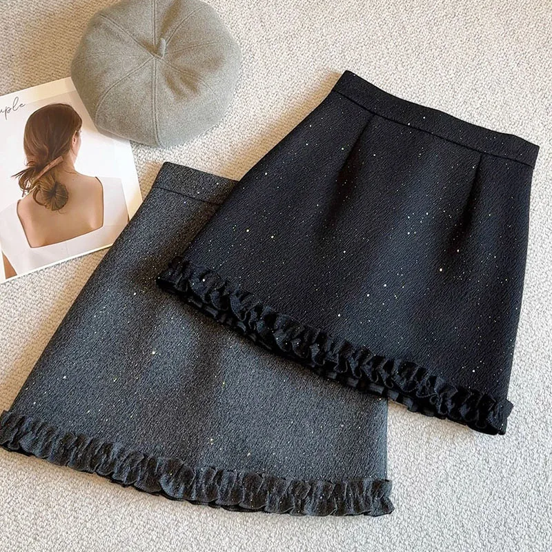 女性のウールブレンドショートスカートハイウエストスキニースパンコールセクシーなミニスカート女性のファッションレース裾スプライシングAラインスカート