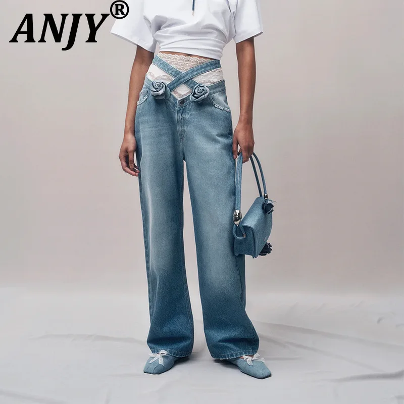 

ANJY Summer New Women Tide Elegant Jeans Low Waist Three-Dimensional Flower Washed Personality Streetwear Chic Denim Pants A9196