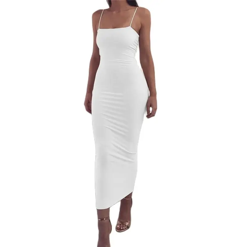 DZ-DZ Femmes Sexy Spaghetti Strap tambours con Maxi Robe Col Carré fibrBackless Cocktail De Mariage Robes sulfSolides