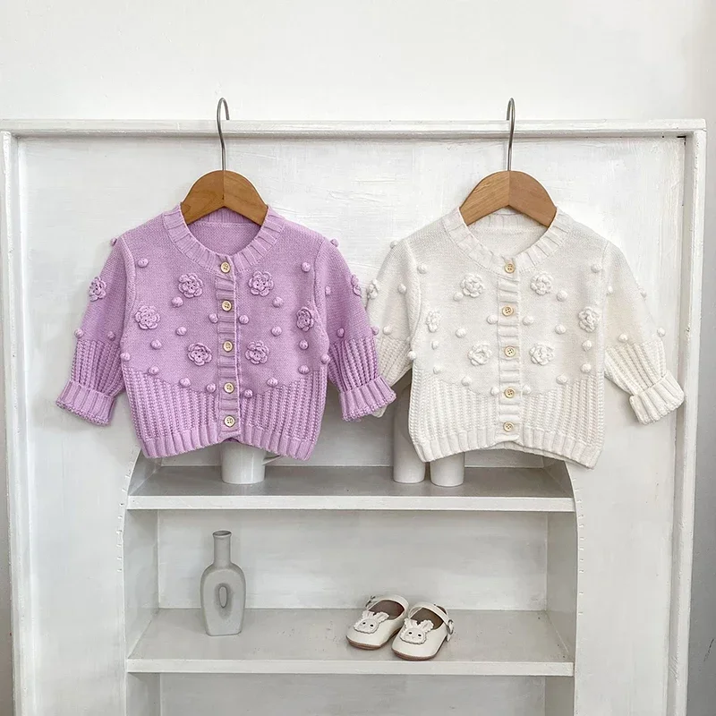 

New 0-3Yrs Baby Girl Knitted Coat Autumn Sweater Coat Baby Girl Knit Coat Newborn Hand Hook Flower Sweater Knitted Ball Cardigan