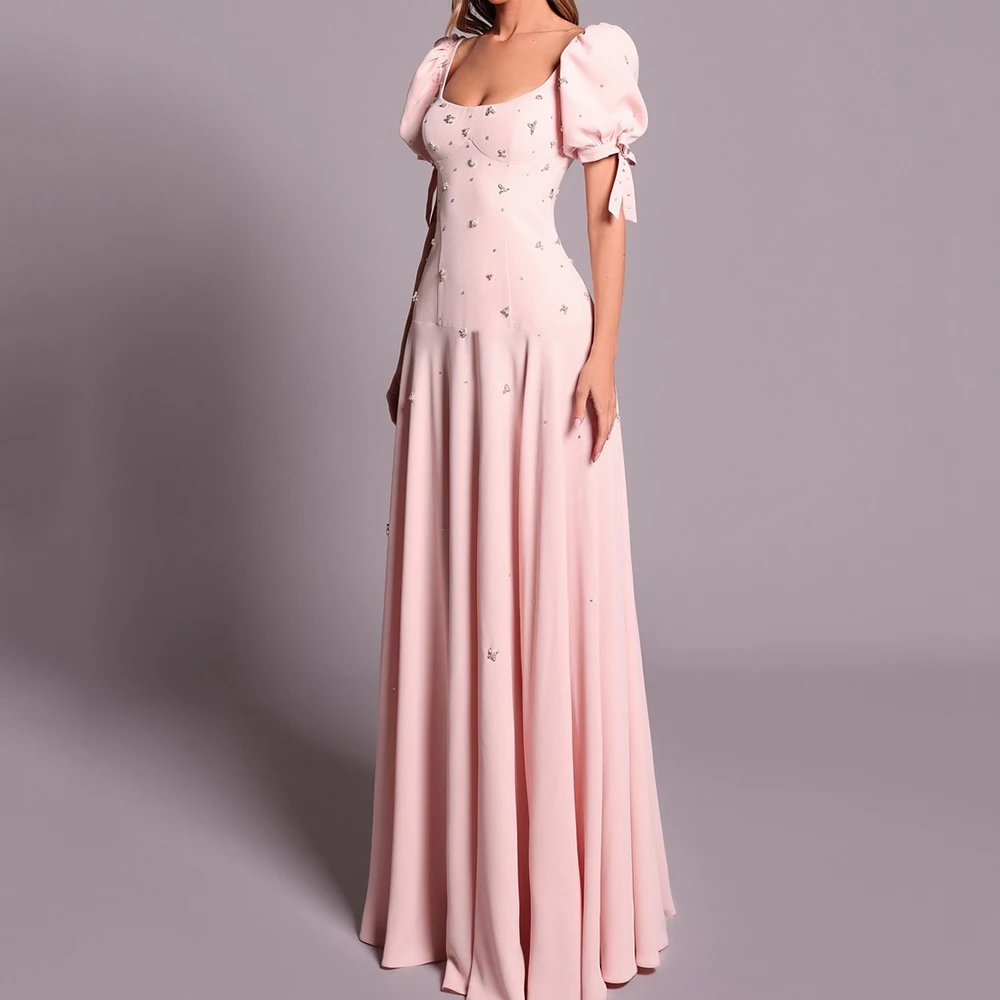 

Customized A-line Evening Dresses Floor-length Scoop-neck Short Sleeve Prom Gown Fsahion Crystal Draped Backless Party Gown