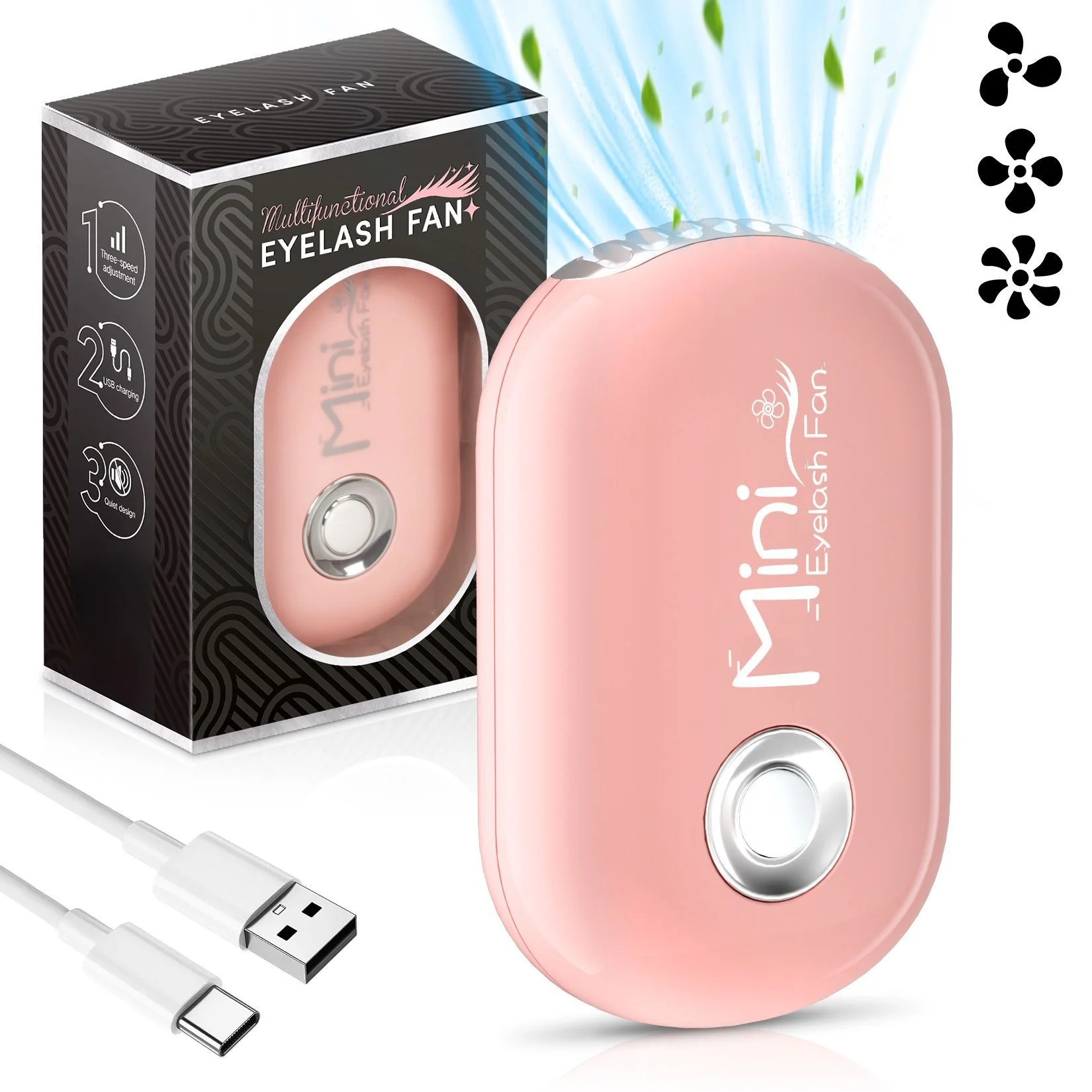 Portable Handheld Eyelash Fan Dryer With USB Rechargeable Lash Extension Fans With Air Blower For Makeup Drying & Cooling, Pink