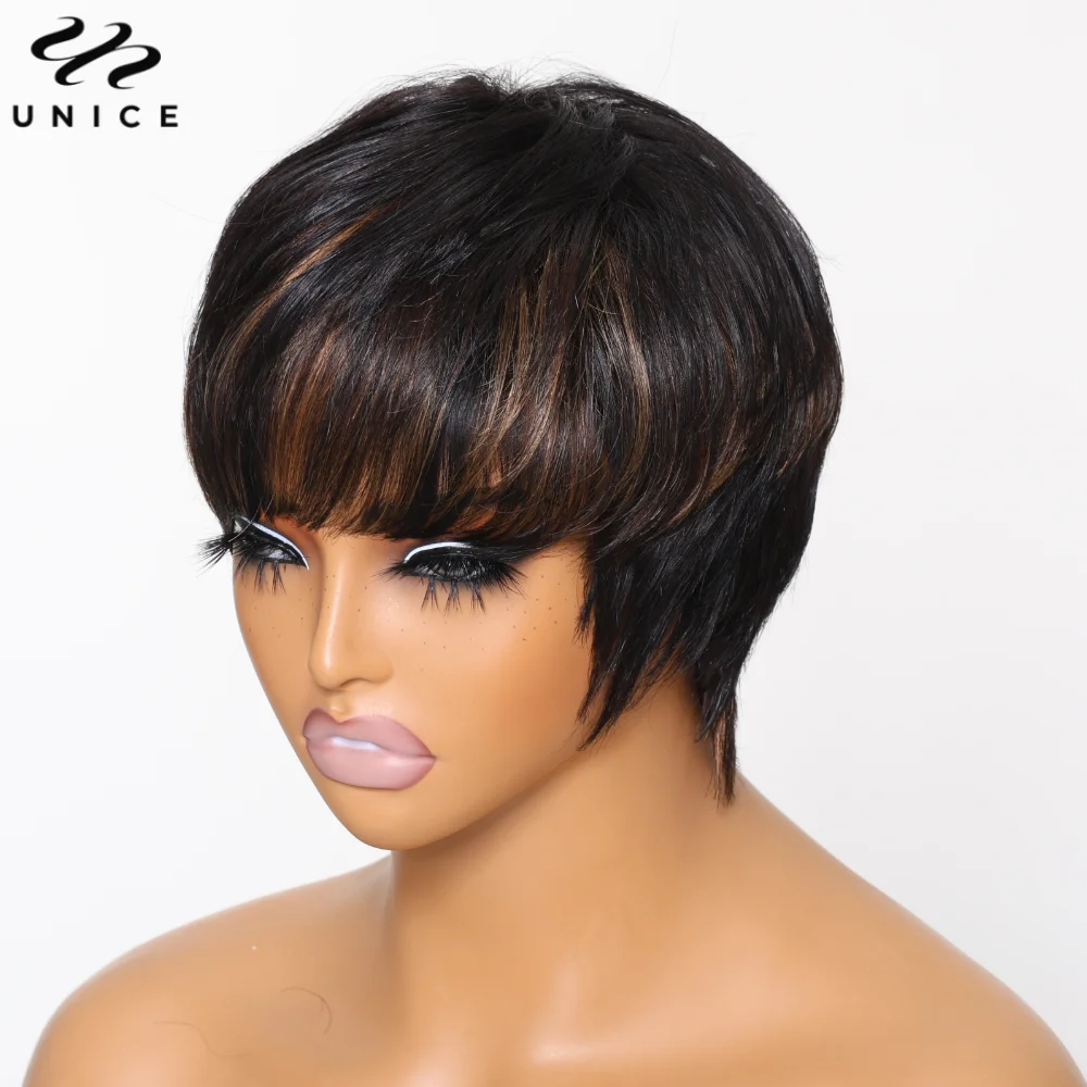 UNice Hair Mixed Brown Layered Pixie Cut Short Human Hair Wig With Bangs 100% Human Hair Full Machine Made Wear Go Glueless Wig