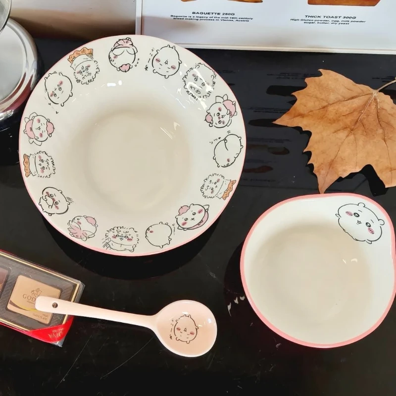 Anime Cartoon Kawaii Chiikawa Straw Hat Bowl Alien Ceramic Household Use Large Capacity Cutlery Set Practical Heat Resistant New