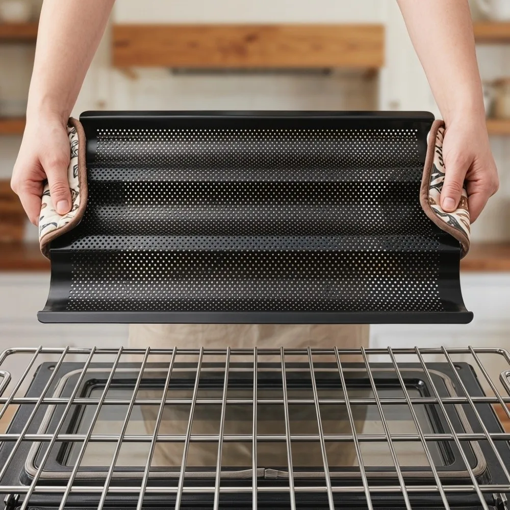 

Stainless Steel Baguette Pan 3 Wave Loaves Non-Stick French Bread Baking Pan Food-Grade Perforated U Shape French Bread Pan