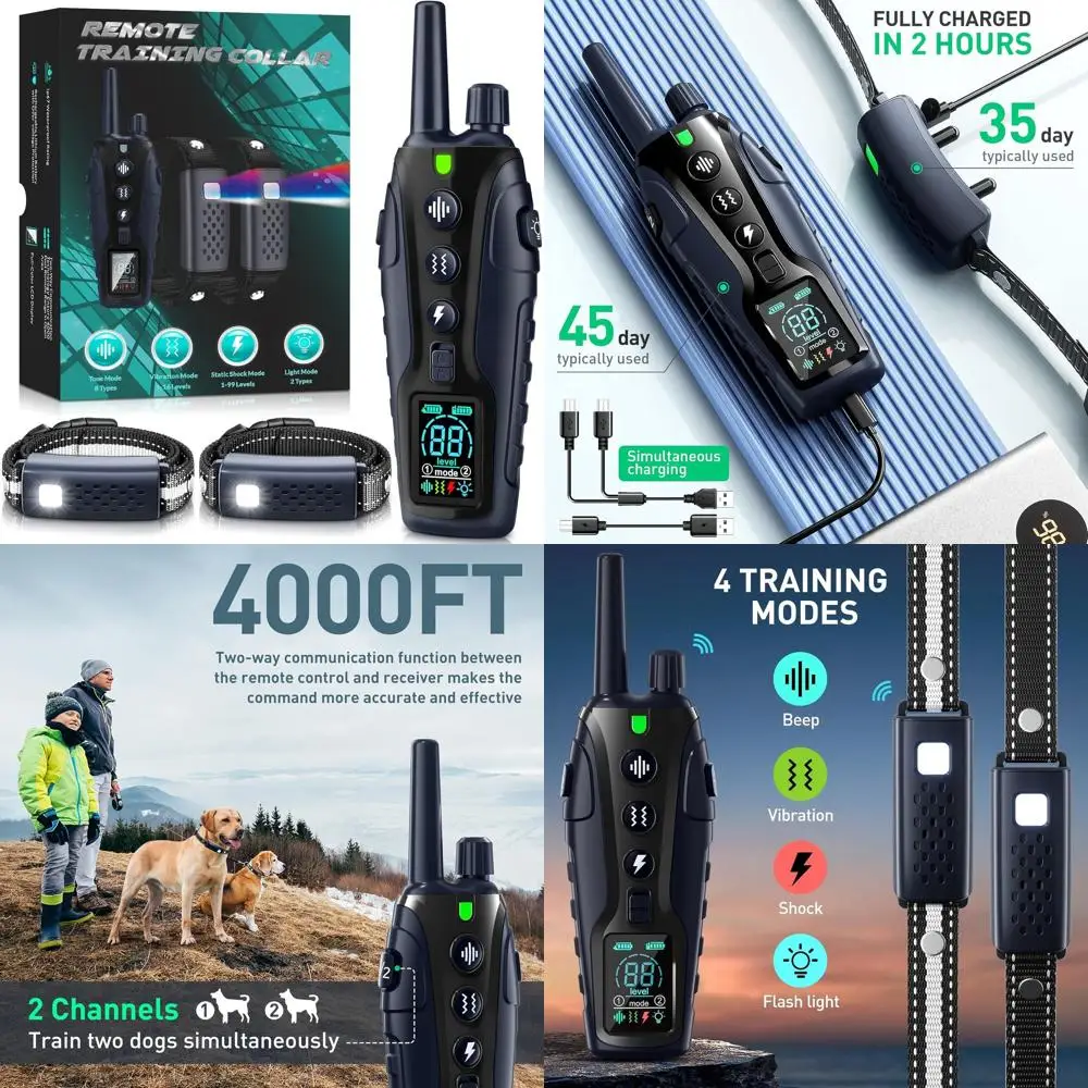 

Двойные ошейники для дрессировки собак с ночником, дальностью действия 4000 футов, регулируемым звуковым сигналом, вибрацией и ударными настройками для собак 15–150 фунтов