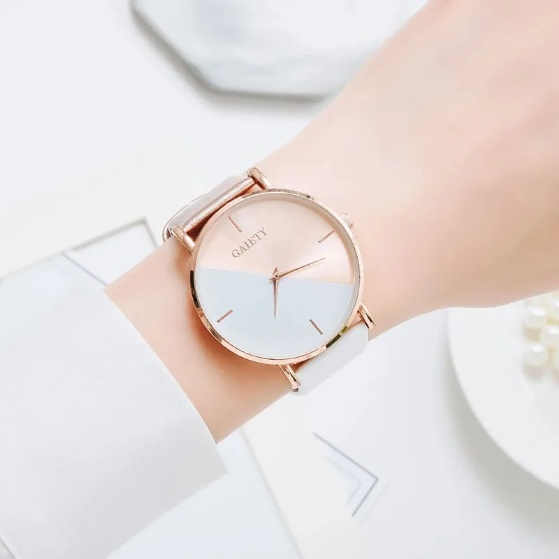 Women's Business Quartz Watch Luxury Ladies Simple Rose Gold Bracelet Wristwatch Casual Leather Strap Geometric Stitching Watch