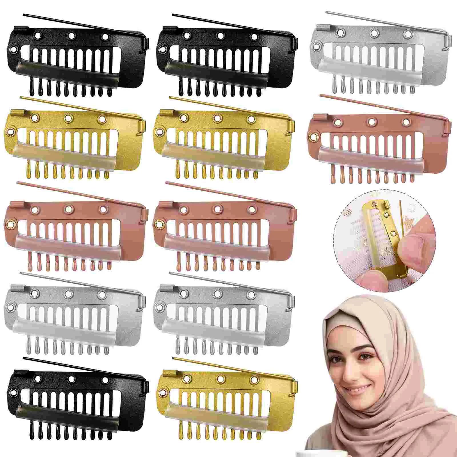 Geschilderde 10-tand Clip Baret Bevestigingsclips Geen Naai Hair Extensions Pin voor Pruiken Maken Chunni met Veiligheidsspelden Kit Tools