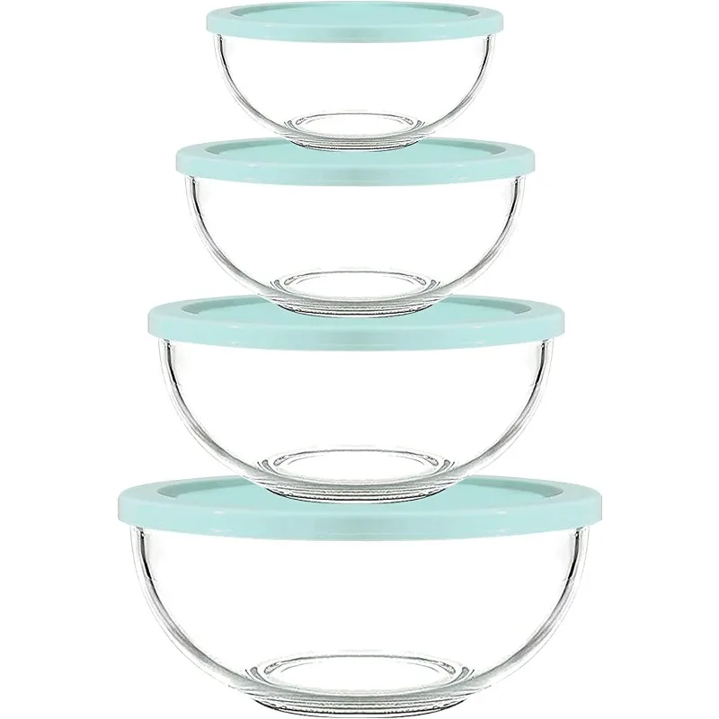 Borosilicate Clear Glass Mixing Bowls with Lids Set of 4 (0.53qt, 1.1qt, 2.1qt, 3.7qt), Space Saving Nesting Bowls Large