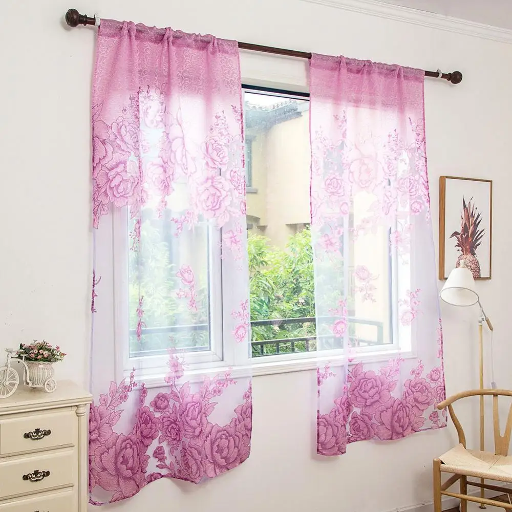 Luxury Flower Printed Curtain Sheer Tulle Voile Curtain Embroidered Translucent Floral Solid Sheer Curtains Home Decoration