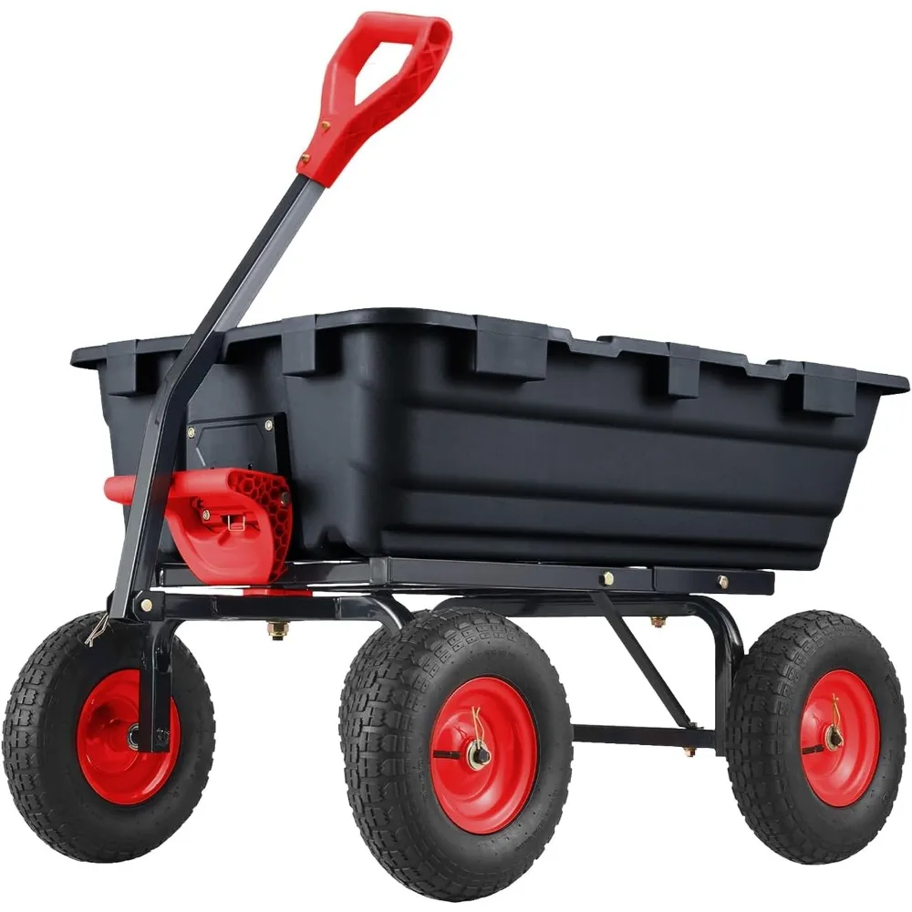 

garden dump cart,800lbs heavy duty poly yard dump garden cart,with 10-inch tires,180° rotating handle,steel frame and quick rele