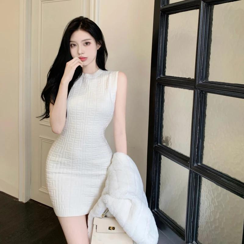 Slim Fit Short Knitted Dress Black  Skirt Show Slimming Effect Korean Style round Neck High Waist Vest Dress Summer Wear