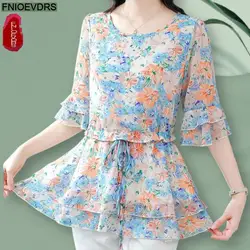 S-4XL Loose Clothes 2024 Women Summer Flare Sleeve Elegant Ruffles Shirts Casual Retro Vintage Floral Print Bow Tie Tops Blouses