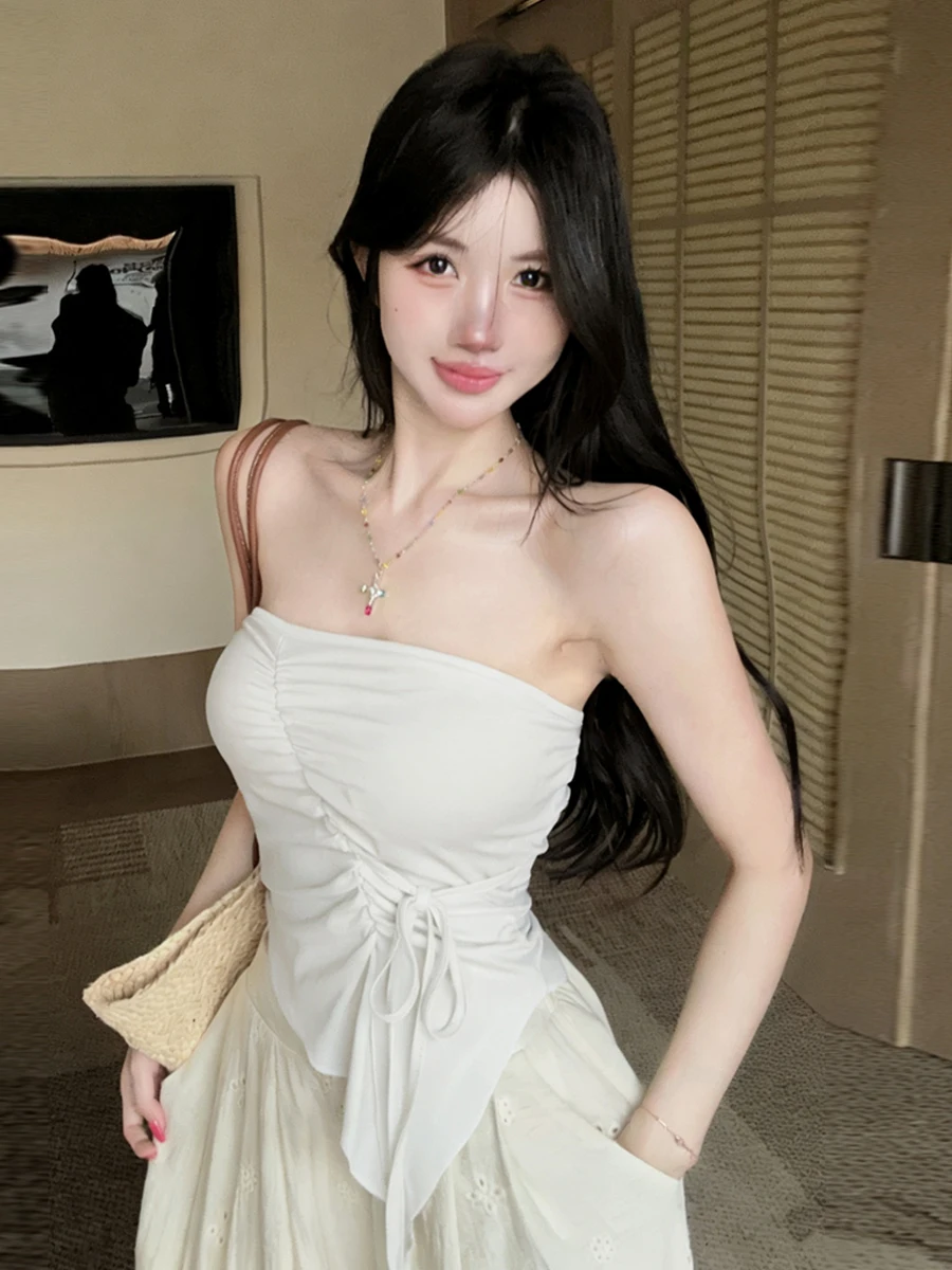 Sexy Pure Desire Design Irregular Pleated Tight Strapless Vest Show Boobs Atmosphere Elegant Top Women's Fashion Summer Outfit