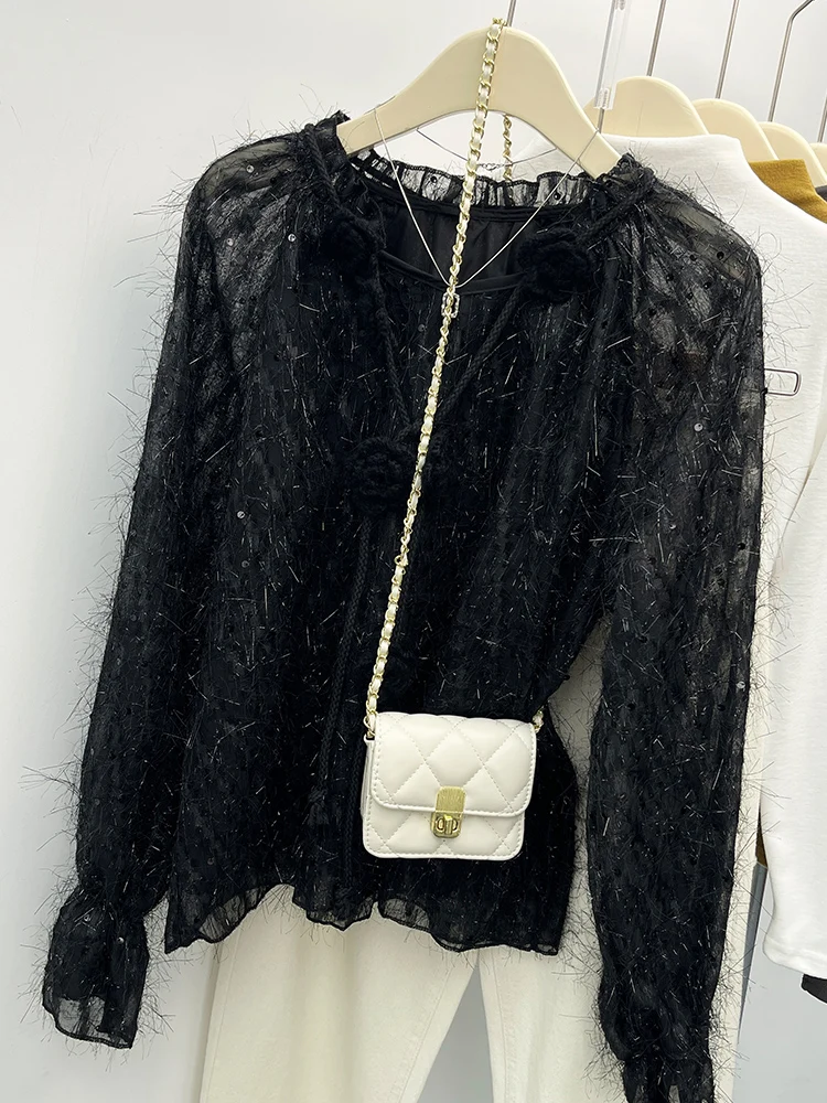 French Commuter Lace Sequin Chiffon Shirt Women Spring Autumn New High Quality Lotus Leaf Collar Flower Lace-Up Tassel Sweet Top