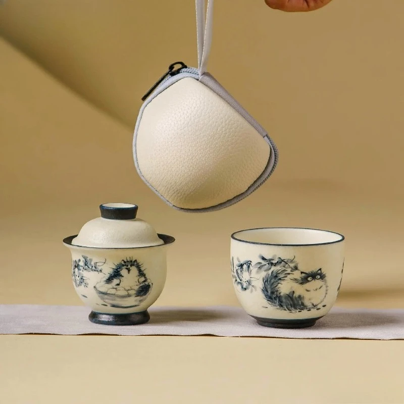Hand Painted Cat Travel Tea Set Kit Handmade Set Of Cups 1 Pot 3 Cups Tea Maker Organizer Portable Picnic Stock Bags Craft