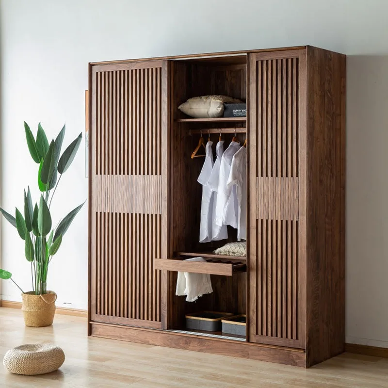 Nordic simple solid wood black walnut 2/4 door wardrobe, modern Japanese log swing door cabinet
