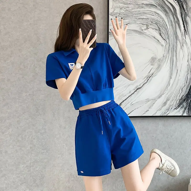 Elegant Fashion Harajuku Slim Fit Female Clothes Loose Casual All Match Solid Shorts Patchwork Short Sleeve Tops Two Piece Set