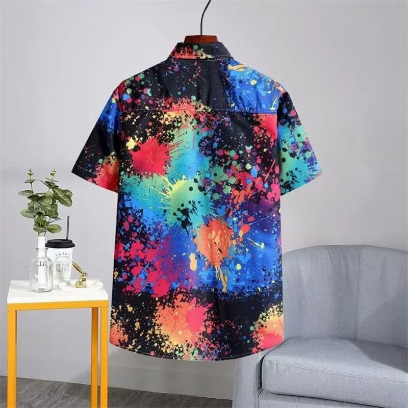 Fashion Mens Clothing Cool Splash-ink Print Tops Summer New Man Oversized Casual Short Sleeve Anime Loose Blouse Hawaiian Shirt