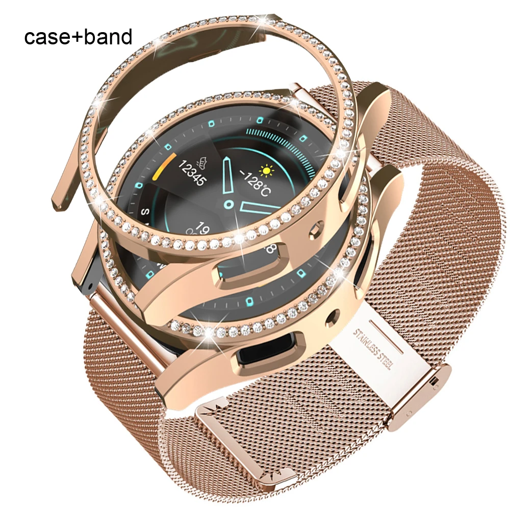 For samsung galaxy watch 6 5 4 40mm 44mm Milanese Stainless steel band + case bling leather silicone protector case watch6 40 44