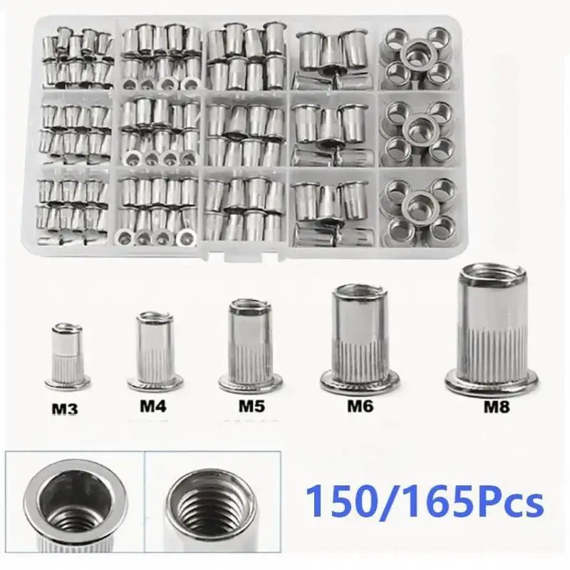 150Pcs 165Pcs Rivet Nut Assortment Kit M3-M12 Threaded Insert Nuts Flat Head Rivnut Set For Metal Plate Repair Hardware Kit