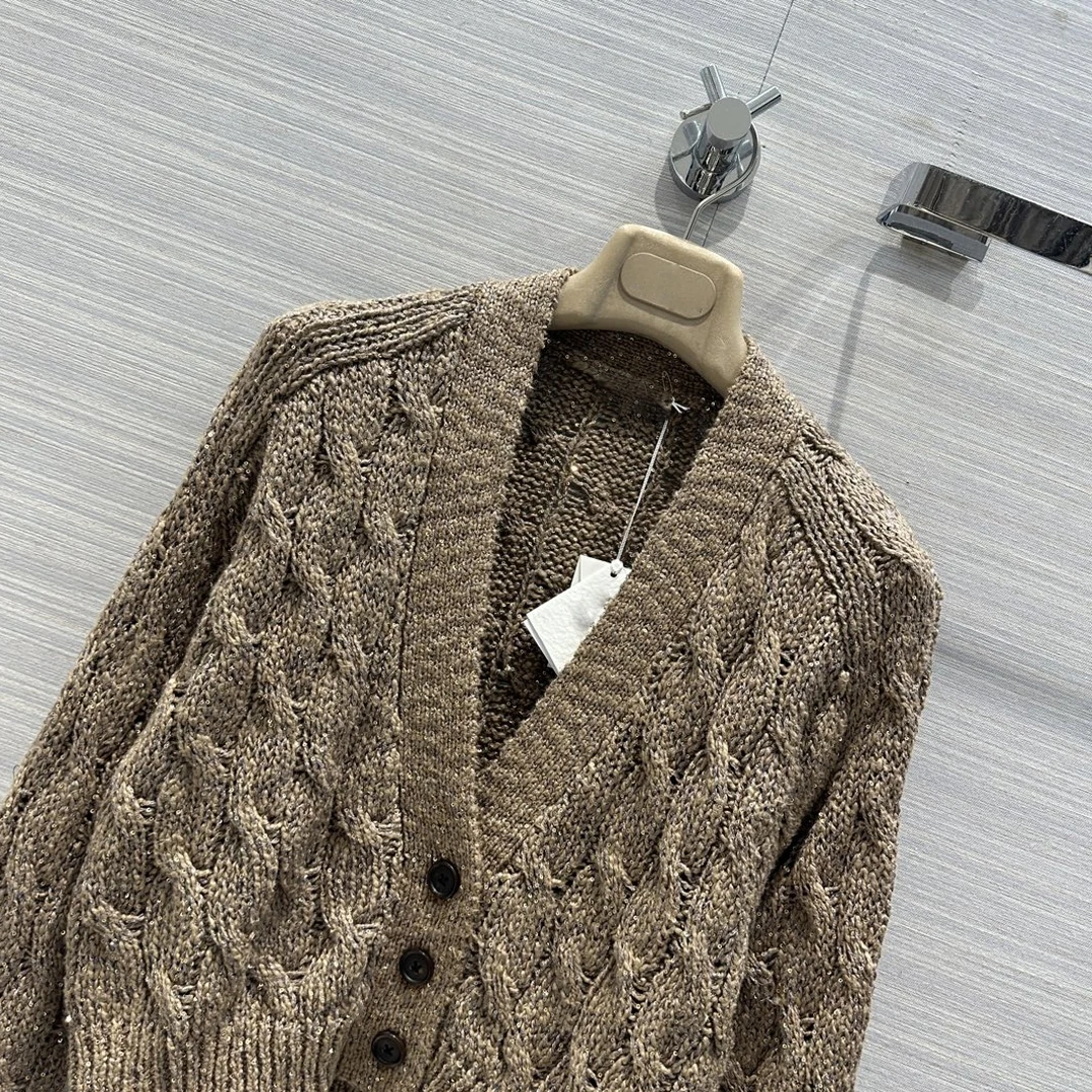 Women\'s Sequin Cotton Linen Yarn V-Neck Twist Cardigan, Female Sweater, High Quality, Autumn and Winter, New Products, 2022