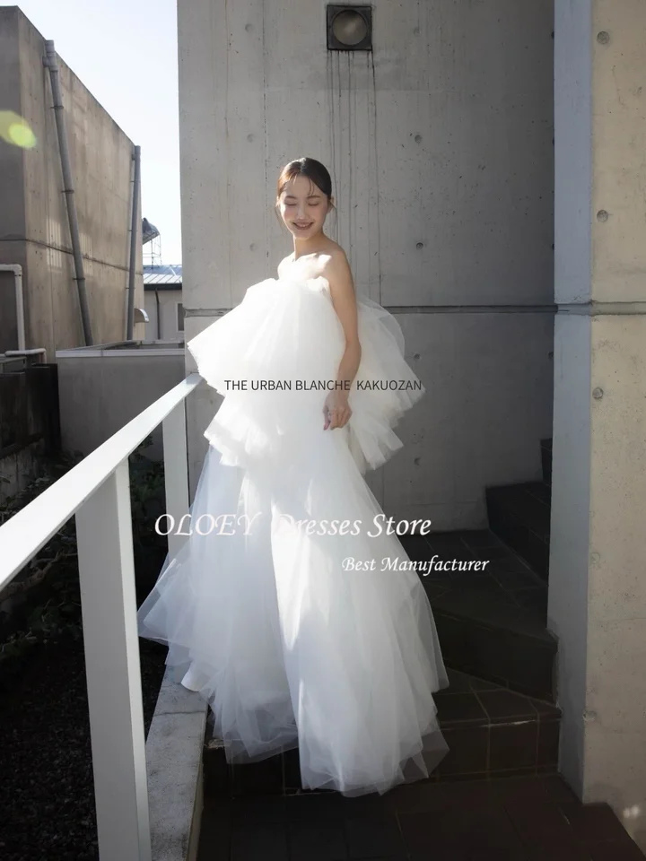 OLOEY 2026 New Elegant White Tulle Tiered Korean Strapless Wedding 