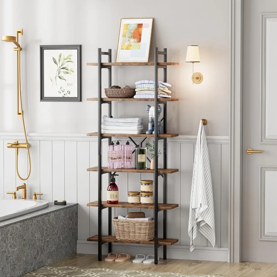 منظم رف كتب على الطراز الصناعي مكون من 6 طبقات مع لمسة نهائية بنية ريفية وإطار معدني لتخزين العرض المفتوح الحديث طويل القامة