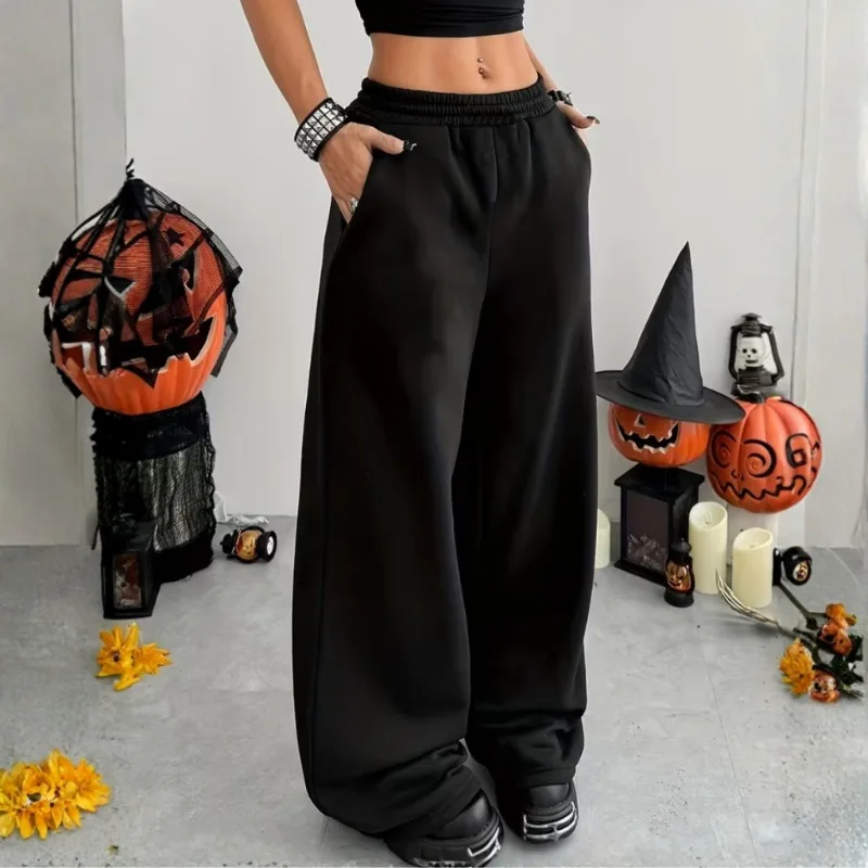 Women's Wide Leg Loose Street Style Sports Pants Solid Color Punk Gothic Dark Y2K Autumn and Winter New Casual Pants