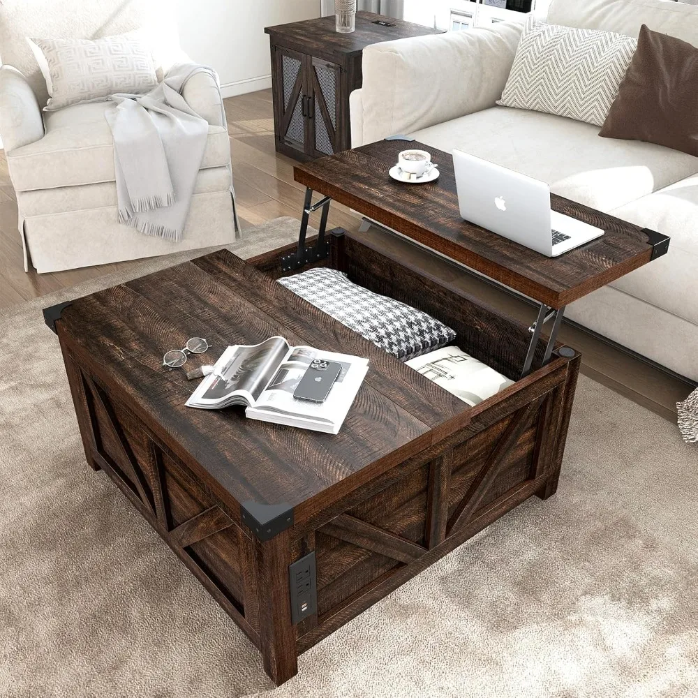 Farmhouse Lift Top Coffee Table with Storage, Wood Square Center Charging Station&USB Ports, Living Room Central