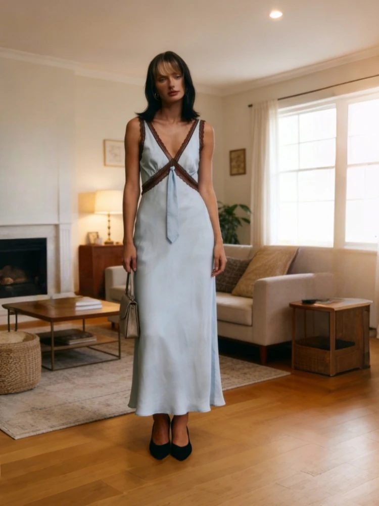 

Tsiisd Fashion V-Neck Lace Maxi Dress Women Sleeveless Contrast High Waist Slim Backless Dress Sexy Patchwork Women's Long Dress