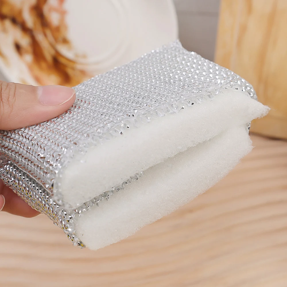 12/4Pcs Double Sided Dishwashing Sponge Silver Wire Cleaning Rags Wipe Pan Pot Dish Wash Thickened Scouring Cloth Kitchen Tools