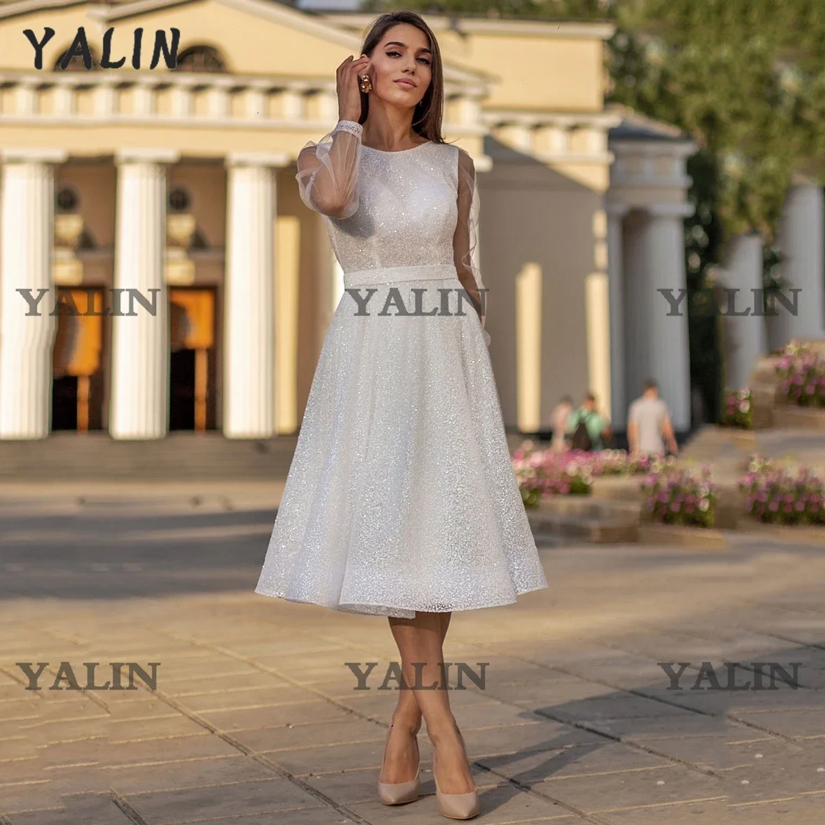 

YALIN Elegant Tulle Sleeves Cocktail Party DressTea-Length Sequined Prom Dresses O-Neck Short Homecoming Gown فساتين السهرة