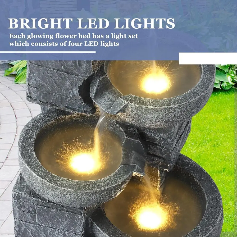 Outdoor 4-Tiers Water Fountain with 4 LED Lights, 21.9 H Indoor/Outdoor Bowl Waterfall Feature for Garden, Yard Decor (Gray)