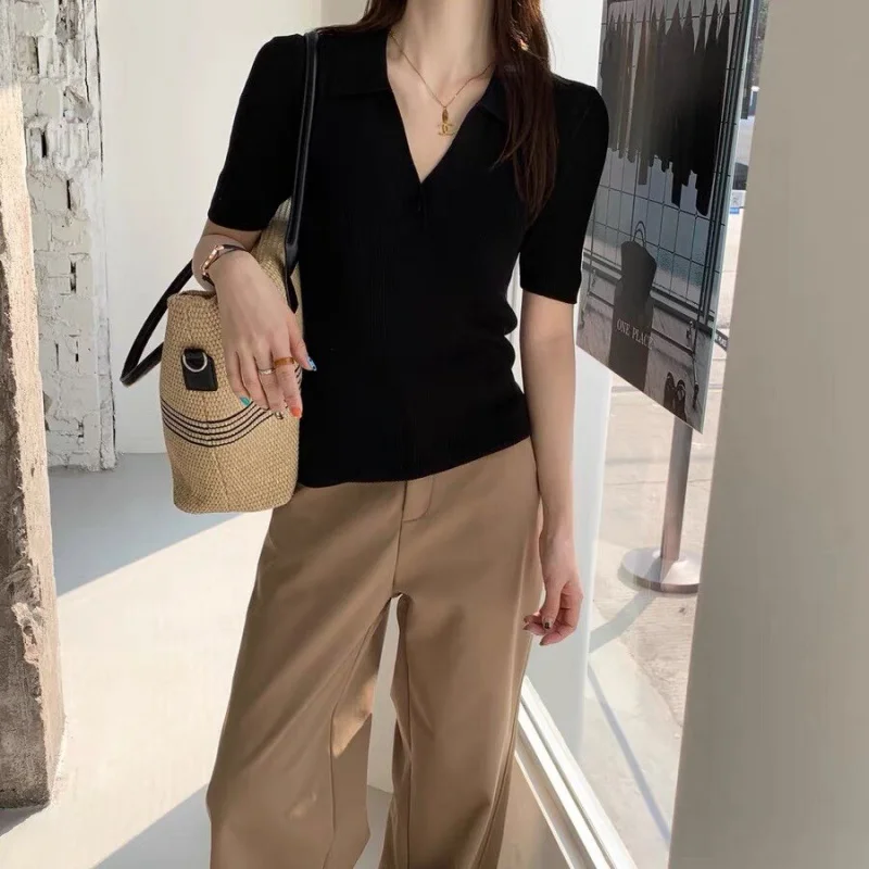 Summer new lapel short-sleeved sweater female buckle Joker temperament POLO shirt fashion coat