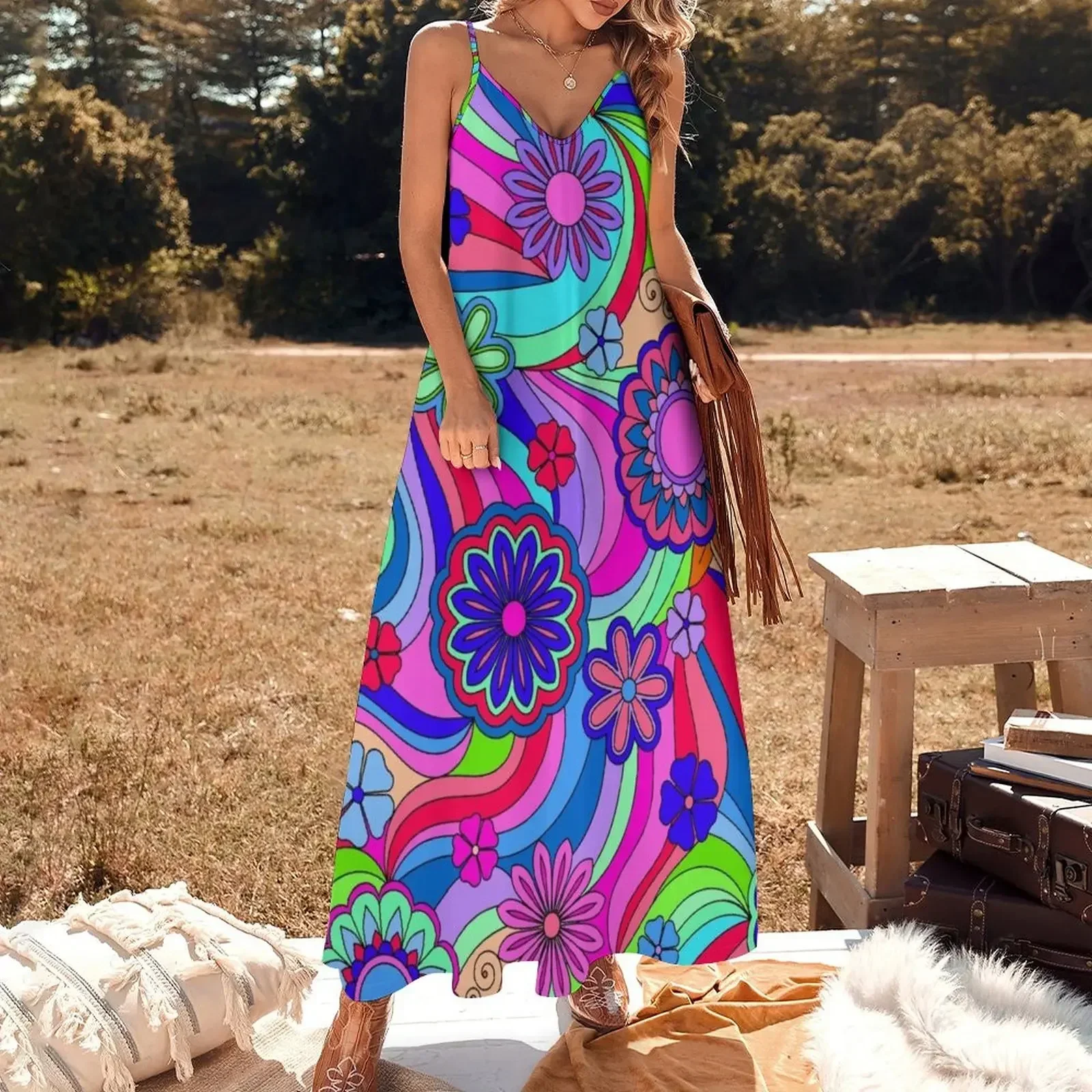 Groovy Hippy Flower Power Cool Tones Sleeveless Dress summer dress korean women dress women summer 2025