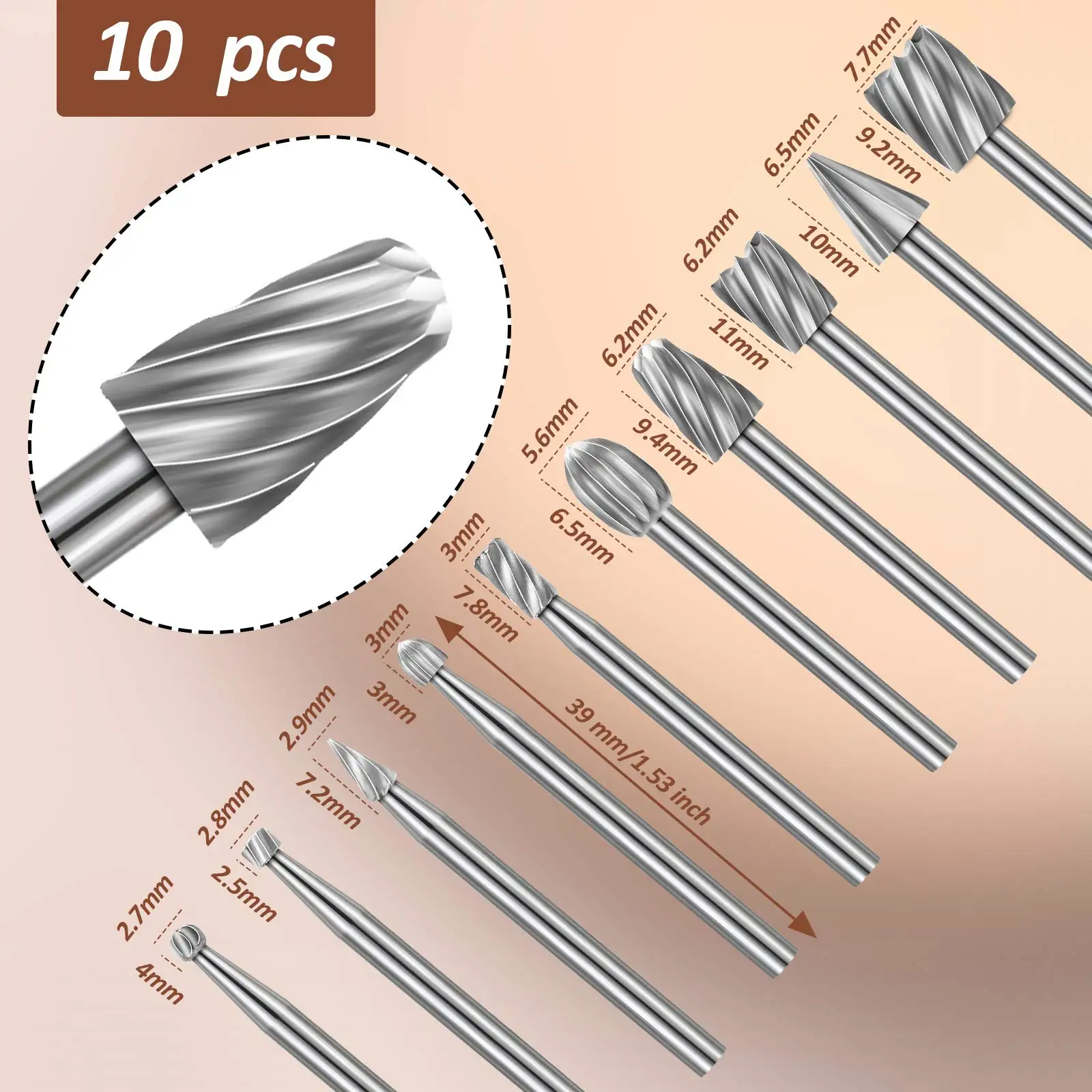 15PCS HSS Wood Carving Burr Bits Set, 1/8" Shank Rotary Burr Bits for Wood, Plastic & Rubber Engraving, Grinding & Shaping view 4
