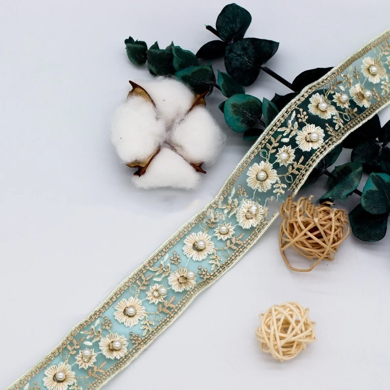 1 Yards Embroidery Lace Trim Pearl Beaded Ribbon Garment Wedding Dress Decor Trimming DIY Accessory