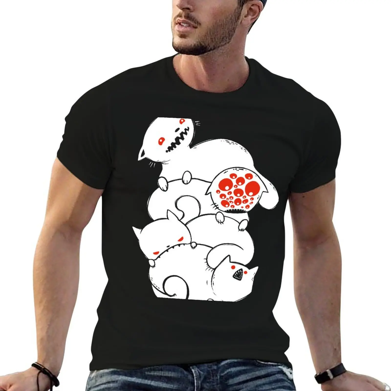 Strange Pile Of Monster Cats Drawing T-Shirt Work Wear Lightweight Tee