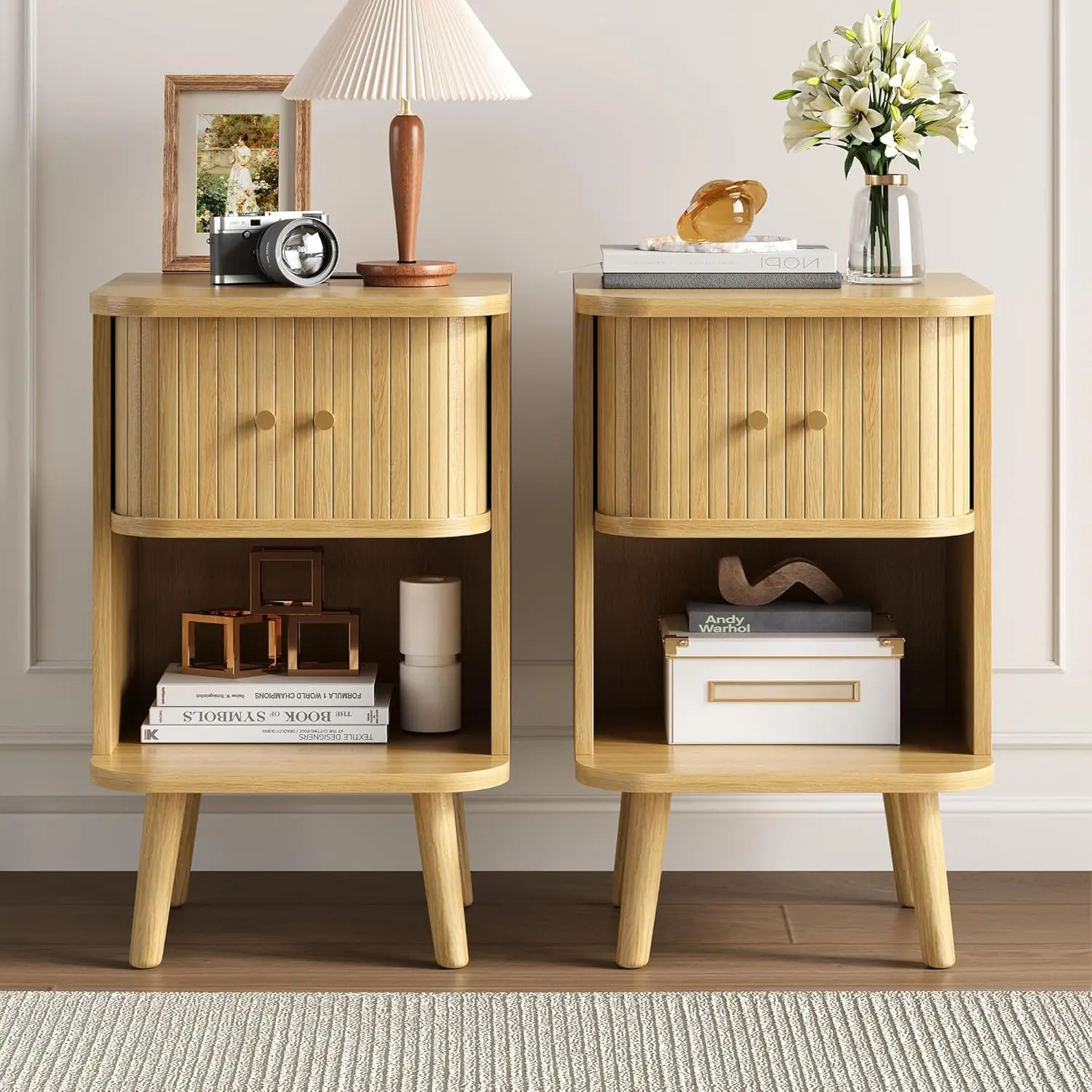 

Fluted Nightstand Set of 2, Mid Century Modern Bedside Table with Charging Station, Walnut End Tables with Sliding Tambour Doors