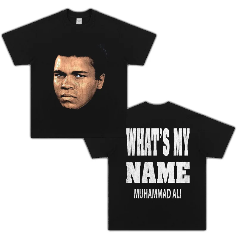 200 جرام القطن تي شيرت ريترو رياضي عادية محمد علي تحية الحجم الأوروبي الجولة الرقبة قصيرة الأكمام مطبوعة فضفاضة تي شيرت مجسم