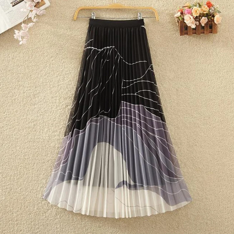 Sumemr New Fashion Elastic Waist A-line Skirt Women High Street Loose Elegant Pleated Printing Lace Patchwork Female Clothing