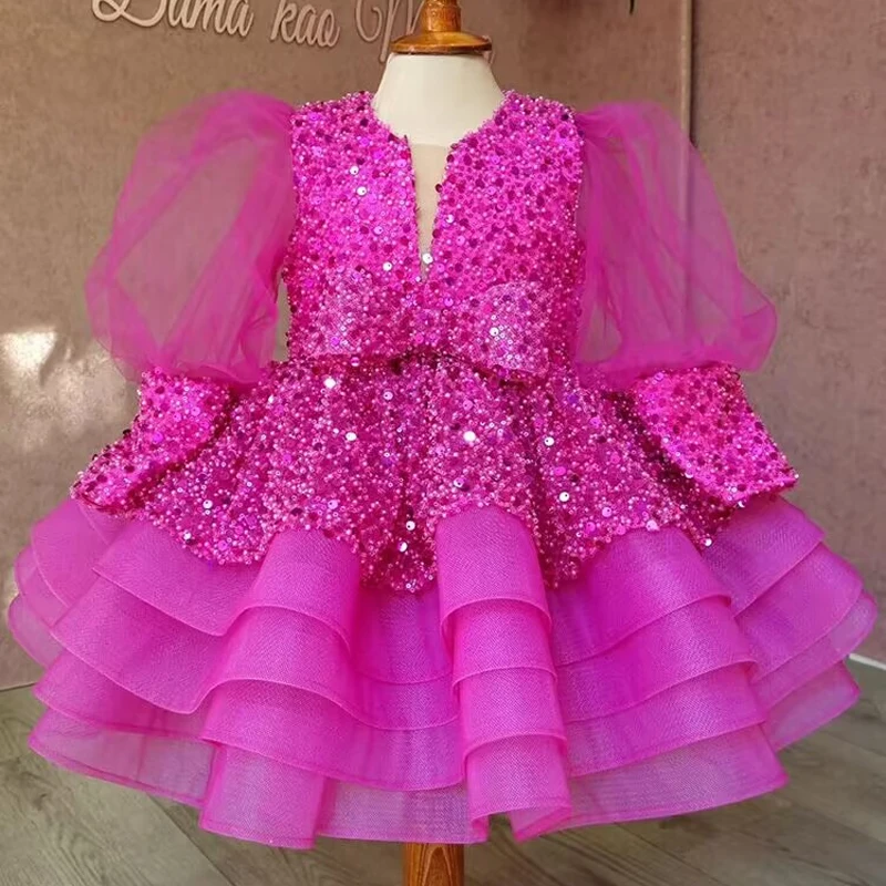 Children's Wedding Flower Girl Evening Dress Elegant Girl's Birthday Party Sequin Bubble Sleeves Girl's Princess Dress