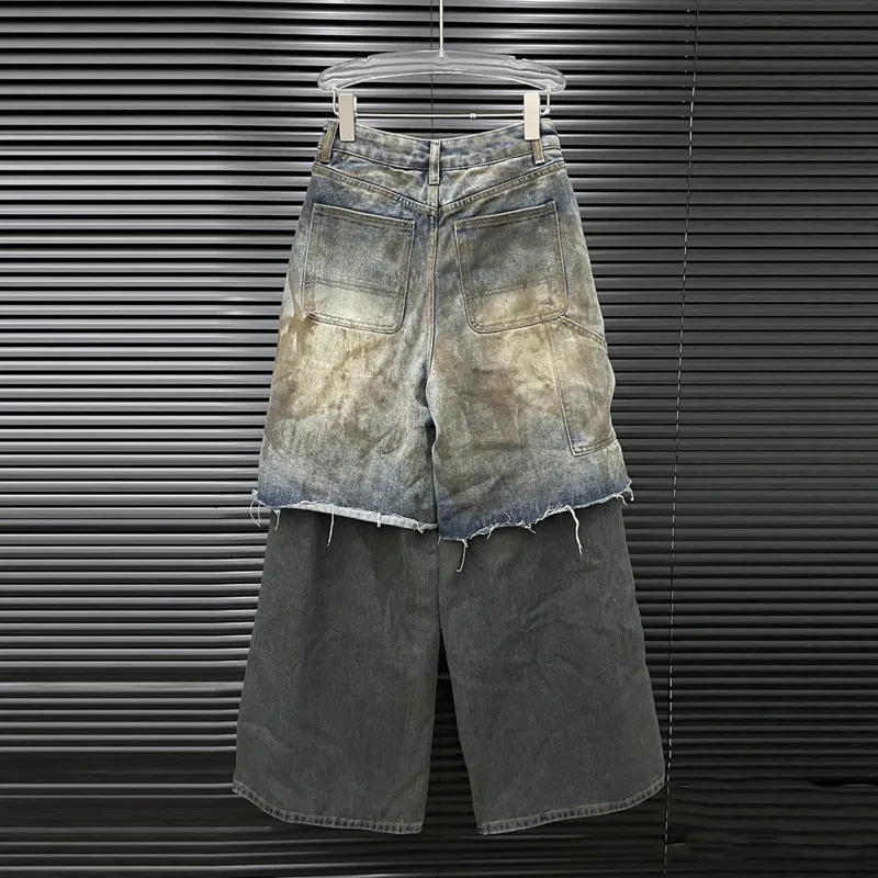 ANJY 2025 Autumn New Women Fashion Fake Two-Piece Double Layer Design Straight Jeans Ins Niche Distressed Chic Hole Loose A17601