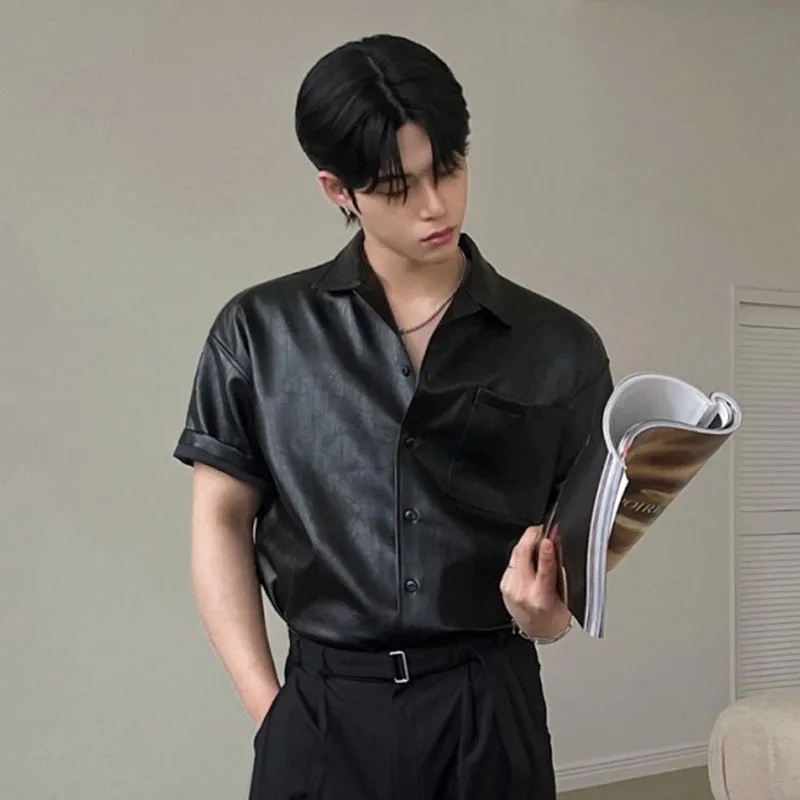 

PU Leather Men's Short Sleeve Shirt Summer Korean New Chic Male Shirt Korean Handsome Lapel Loose Trendy Top 9W1628