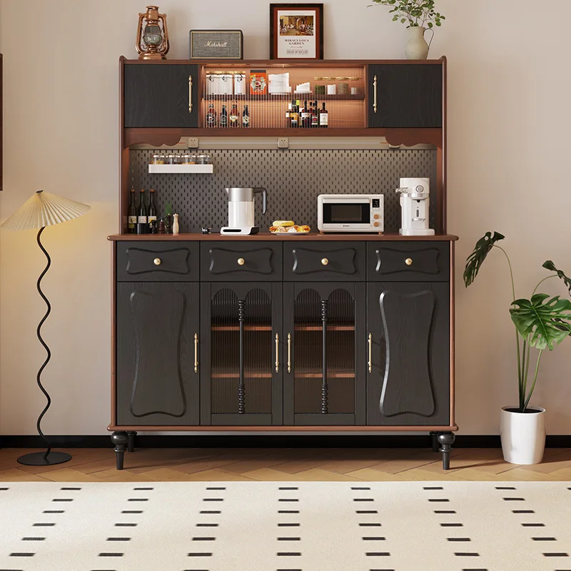 Solid wood retro style dining side cabinet household kitchen multi-functional storage cabinet integrated against the wall