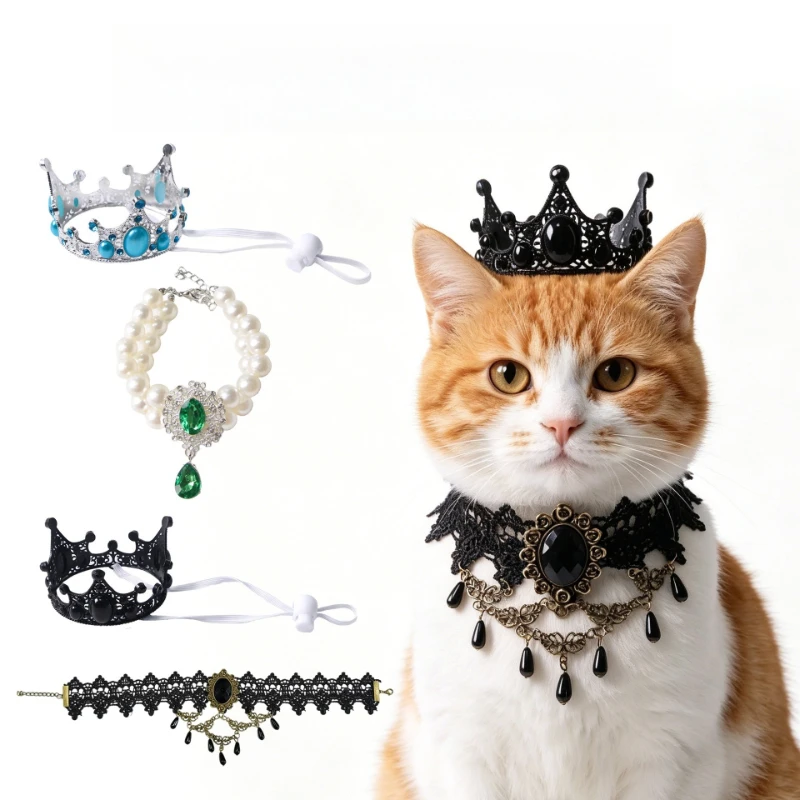 Pet Crown Set Headband Round Royal King Queen Crown Costume Hat for Cats Small Dogs Birthday Party Festival Dress Up Photo Props
