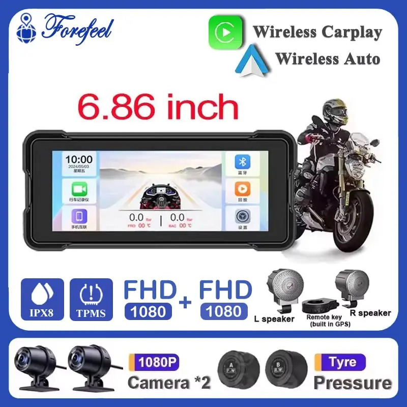 Touch Screen For Motorcycle 6.86'' With GPS TMPS Android Auto Waterproof Wireless Carplay Anti-shake Night Version Cameras Video