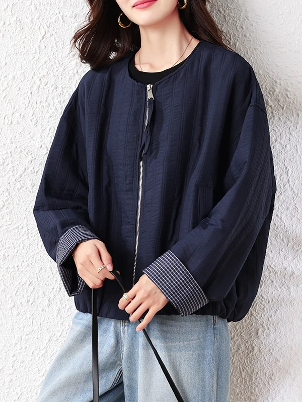 Kurtka damska z zamkiem błyskawicznym, pikowana, duży rozmiar, swobodny styl, rozpinany kardigan, długi rękaw, okrągły dekolt, płaszcz na sezon jesienny.