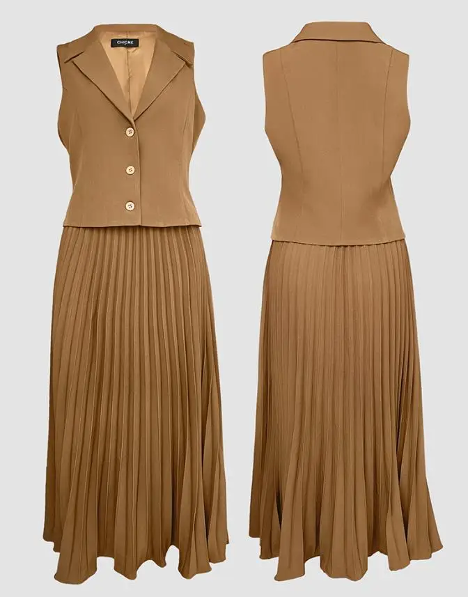 

Женский жилет на пуговицах и повседневные плиссированные юбки, темпераментные женские модные юбки без рукавов с отложным воротником, комплект из двух предметов